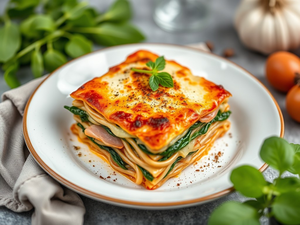 Lasagne met Meesterlyck-ham, Pas de Bleu en spinazie, AI-gegenereerde illustratie