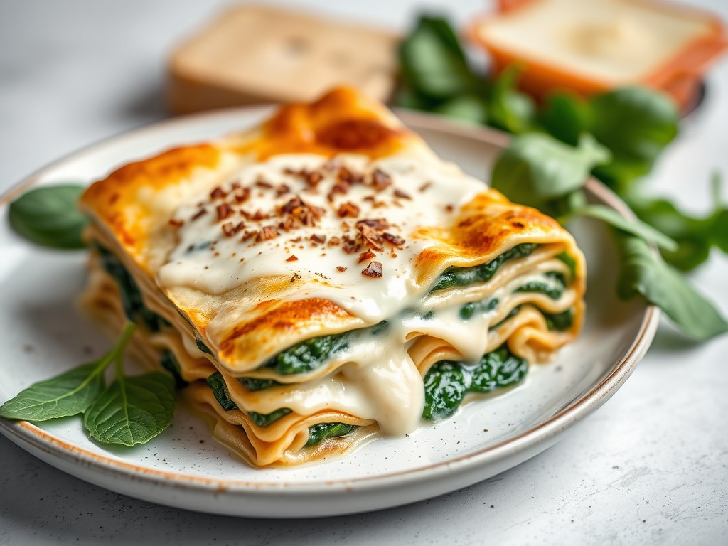 Lasagne met paddenstoelenbéchamel en spinazie, AI-gegenereerde illustratie