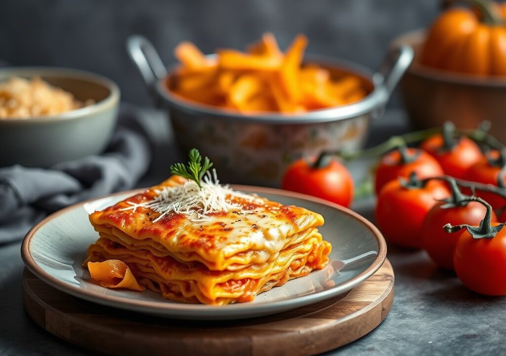 Lasagne met pompoen en tomaat — AI-gegenereerde illustratie