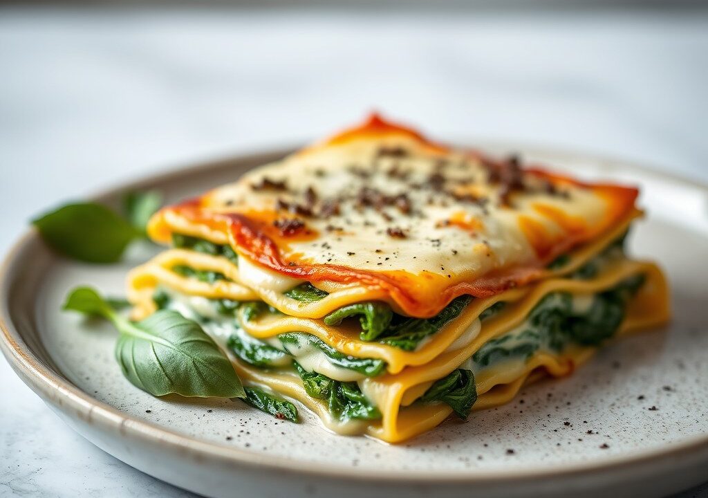 Lasagne met spinaziecrème, AI-gegenereerde illustratie