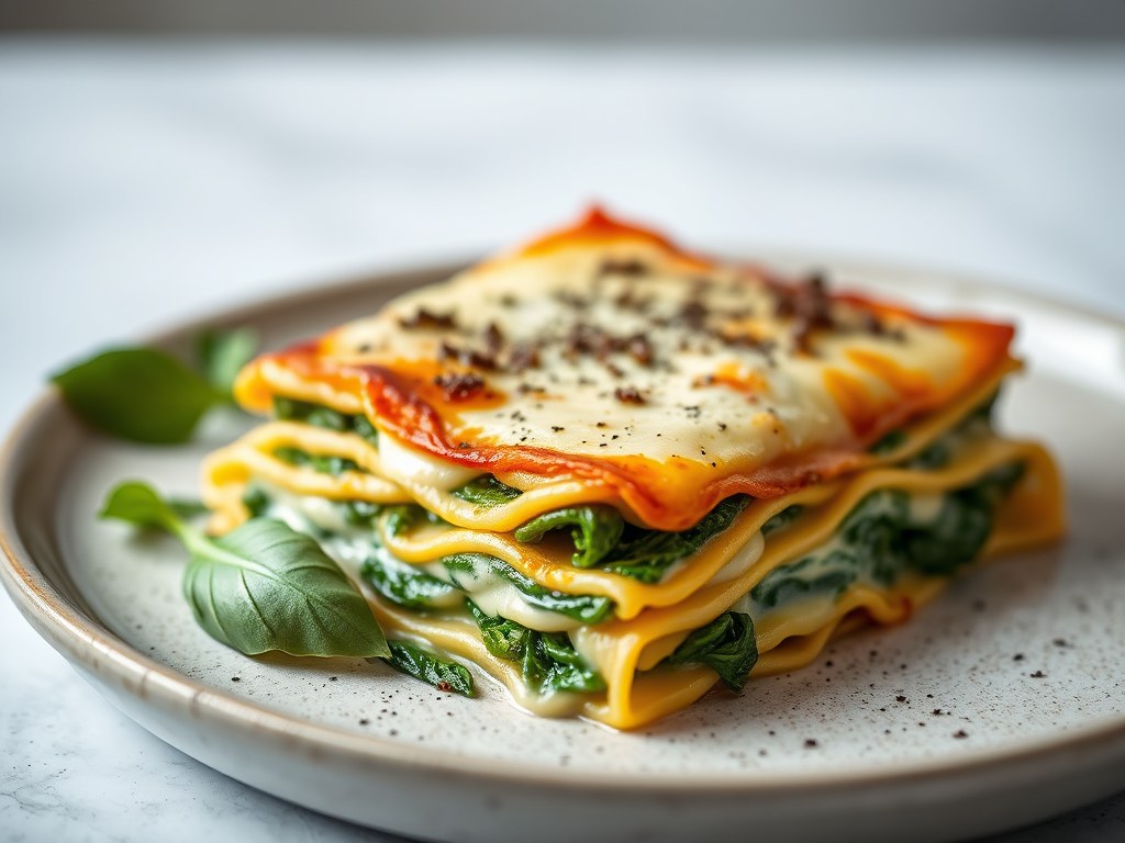 Lasagne met spinaziecrème, AI-gegenereerde illustratie