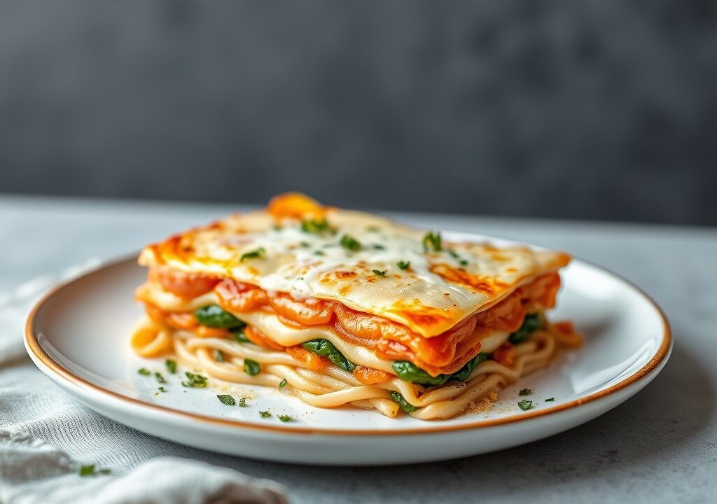 Lasagne met tongschar en zalm — AI-gegenereerde illustratie