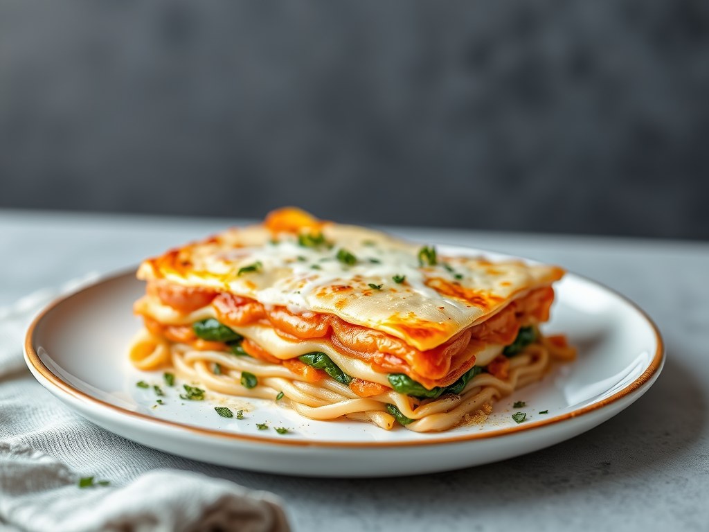 Lasagne met tongschar en zalm, AI-gegenereerde illustratie