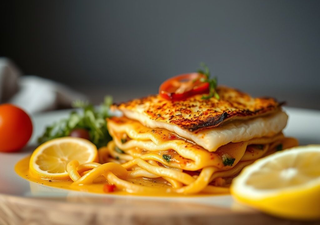 Lasagne met vis, AI-gegenereerde illustratie