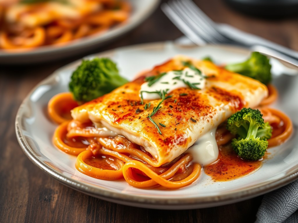 Lasagne met vis, AI-gegenereerde illustratie