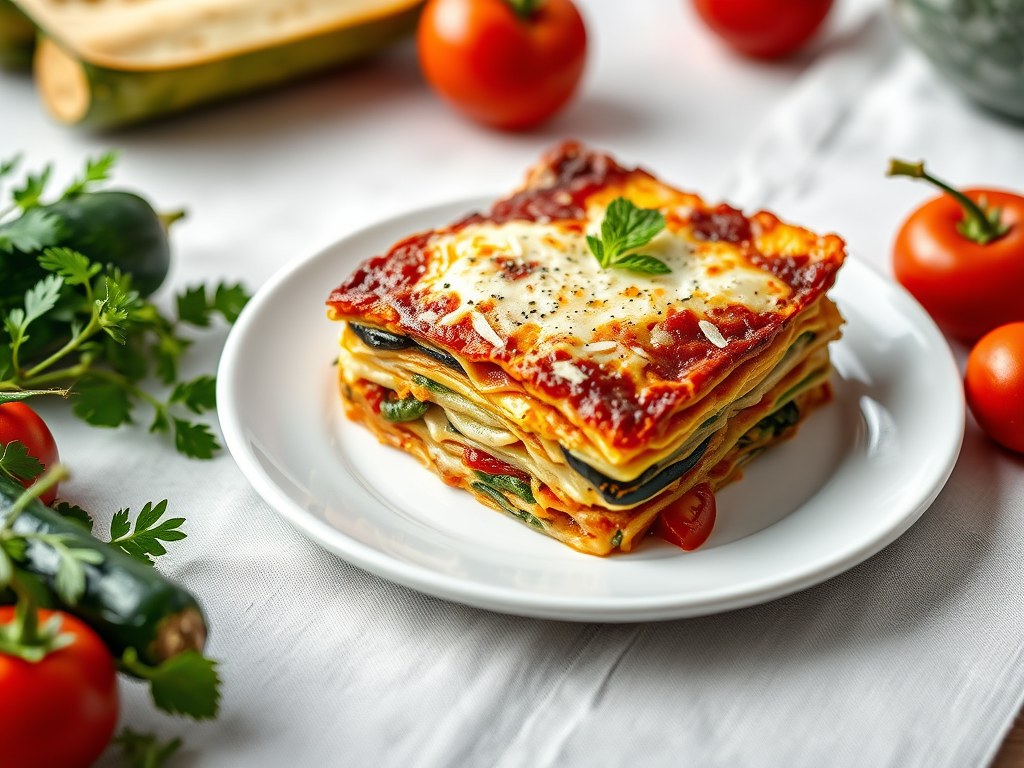 Lasagne van groenten en kaas, AI-gegenereerde illustratie