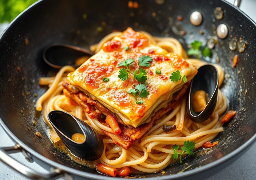 Lasagne van kabeljauw met mosselen, AI-gegenereerde illustratie