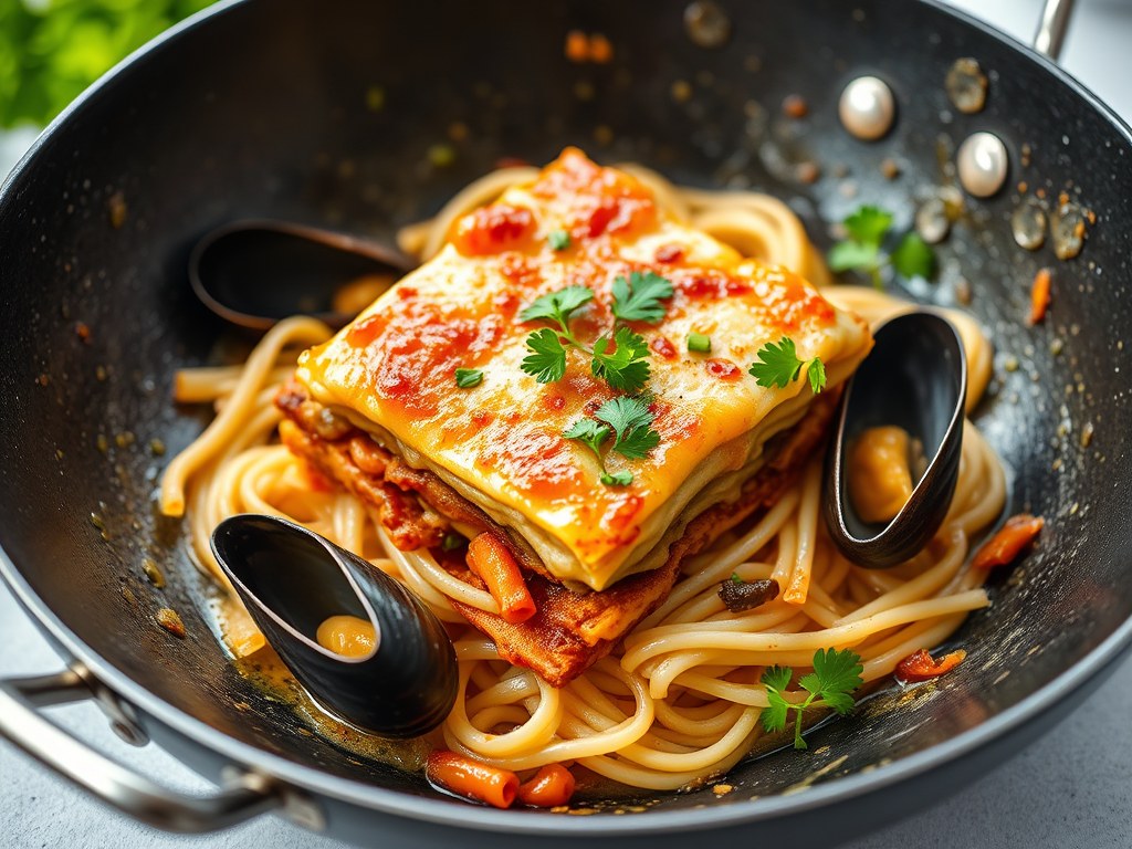 Lasagne van kabeljauw met mosselen, AI-gegenereerde illustratie