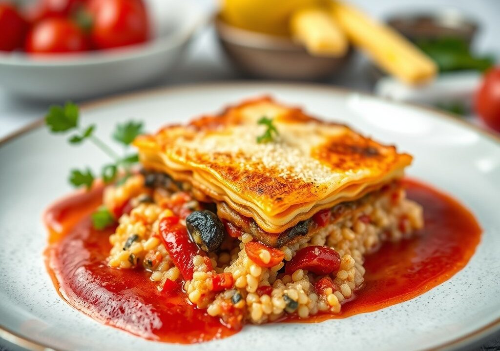 Lasagne van rode poon met Brugse Blomme, couscous en een coulis van paprika, AI-gegenereerde illustratie