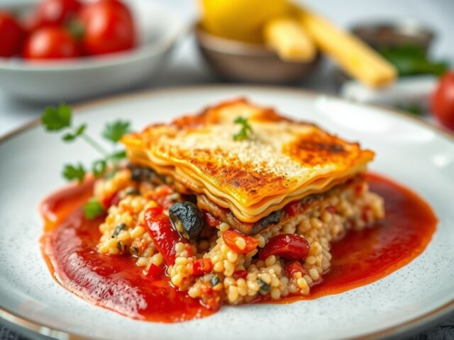 Lasagne van rode poon met Brugse Blomme, couscous en een coulis van paprika — AI-gegenereerde illustratie
