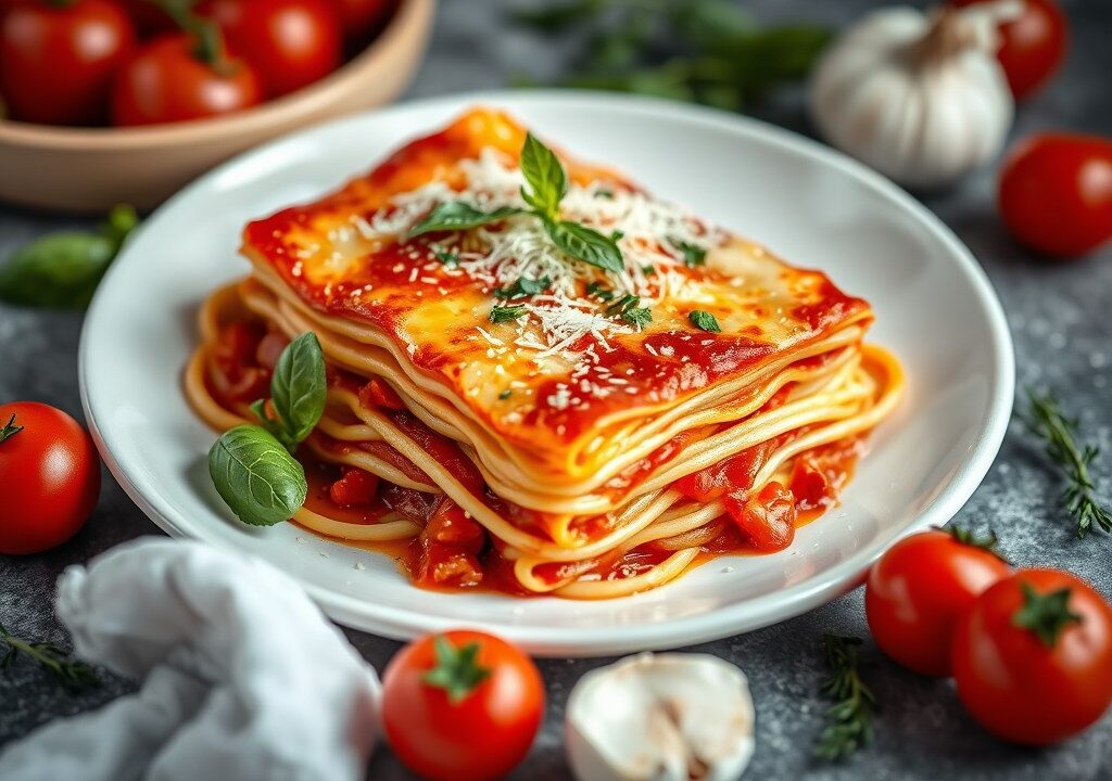 Lasagnette met tomaat en asjovis, AI-gegenereerde illustratie