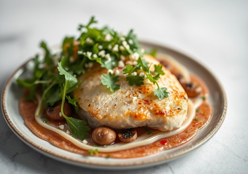 Lauw slaatje van kipfilet Val Dieu op carpaccio van kastanjechampignons — AI-gegenereerde illustratie