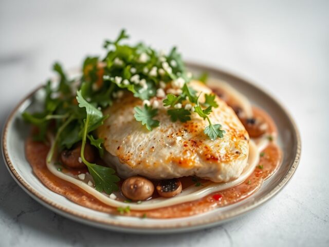 Lauw slaatje van kipfilet Val Dieu op carpaccio van kastanjechampignons — AI-gegenereerde illustratie