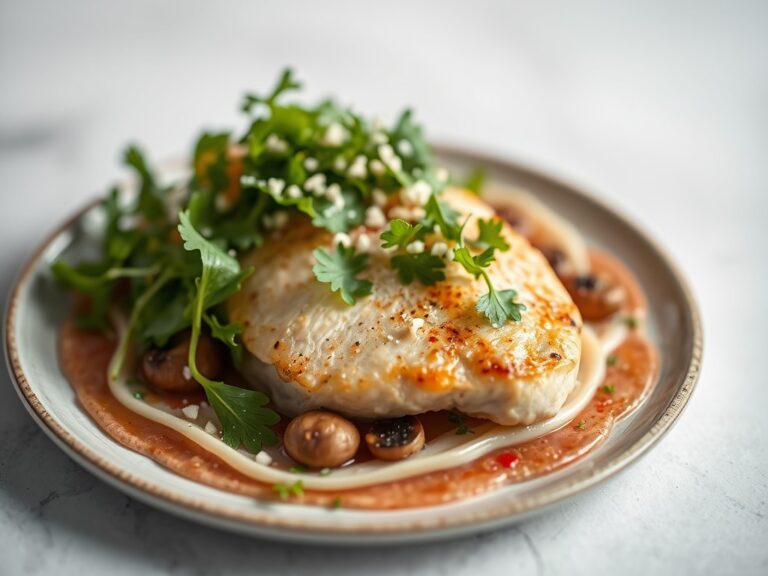 Lauw slaatje van kipfilet Val Dieu op carpaccio van kastanjechampignons — AI-gegenereerde illustratie