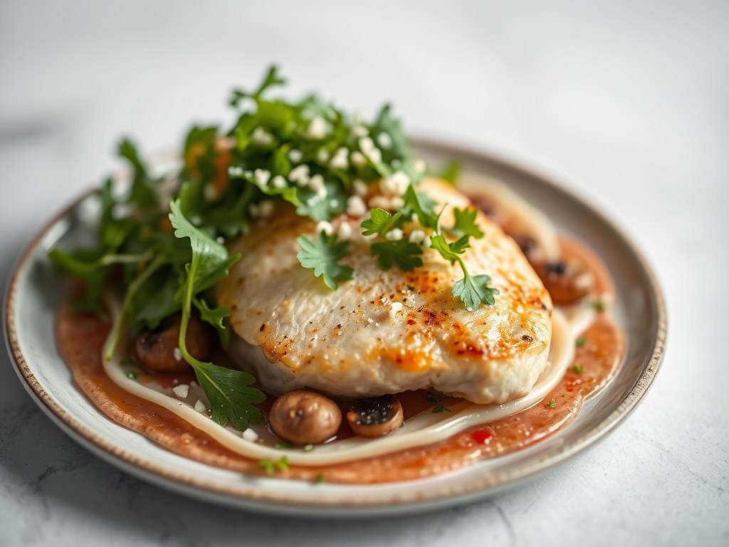 Lauw slaatje van kipfilet Val Dieu op carpaccio van kastanjechampignons, AI-gegenereerde illustratie
