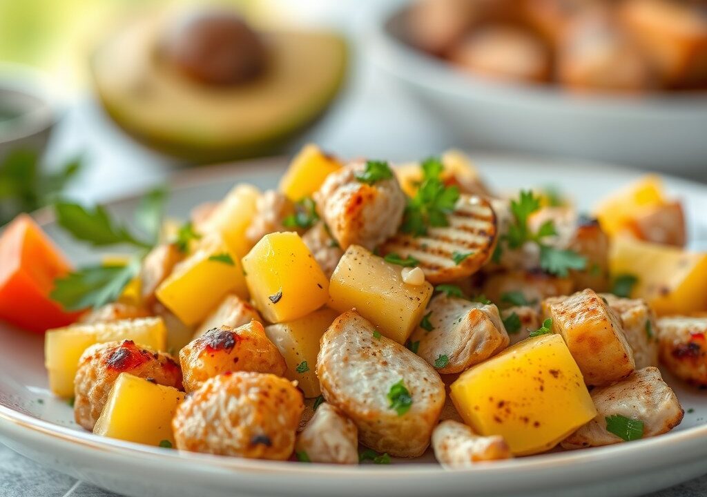 Lauwe aardappelsalade met kip, asperges en mango, AI-gegenereerde illustratie