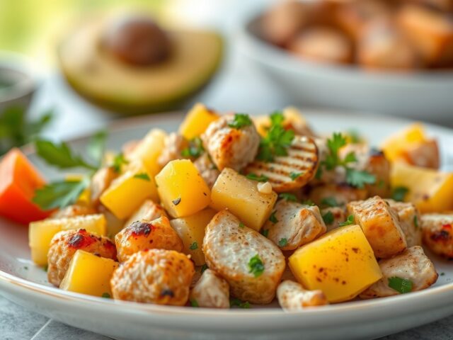 Lauwe aardappelsalade met kip, asperges en mango — AI-gegenereerde illustratie
