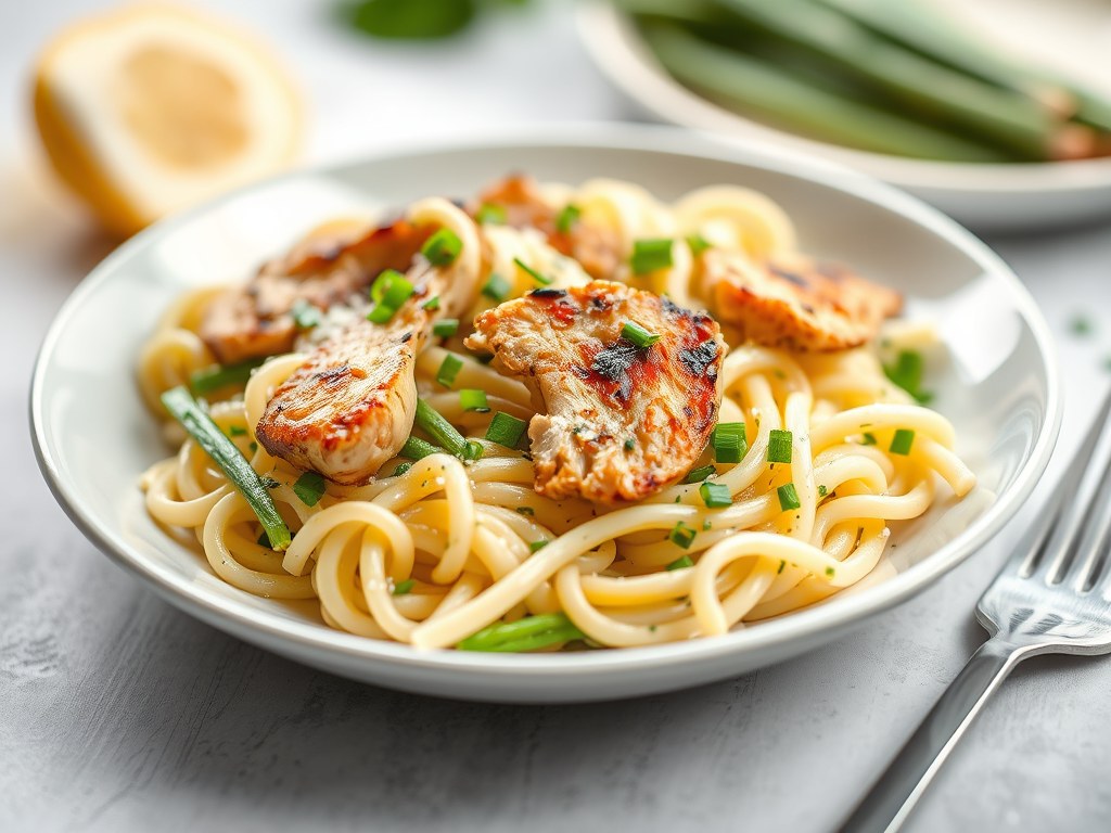 Lauwe pastasalade met asperges en gebraden kip, AI-gegenereerde illustratie