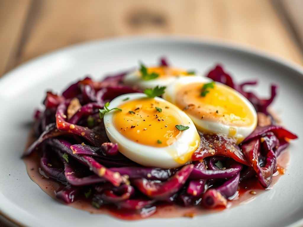 Lauwe vinaigrette van rodekool en zachtgekookt ei, AI-gegenereerde illustratie