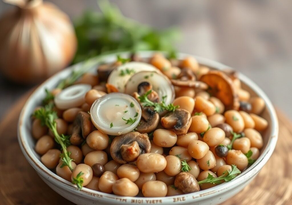 Lauwwarme bruine bonensalade, AI-gegenereerde illustratie