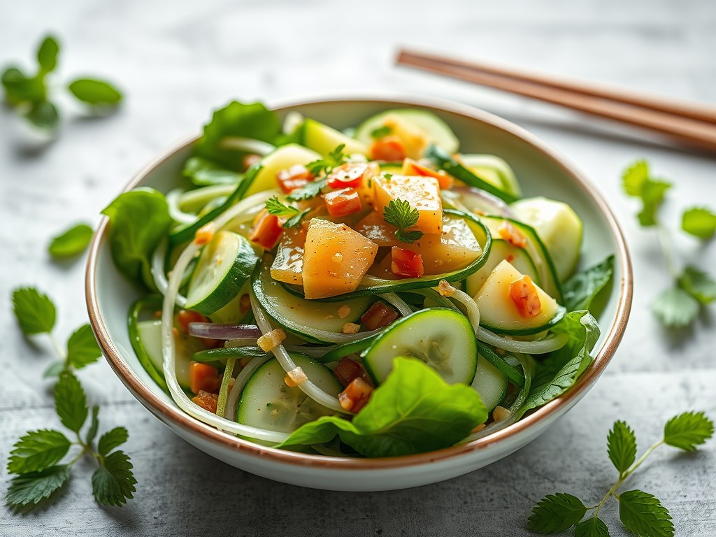 Lauwwarme groene salade met saus van kokos en munt, AI-gegenereerde illustratie