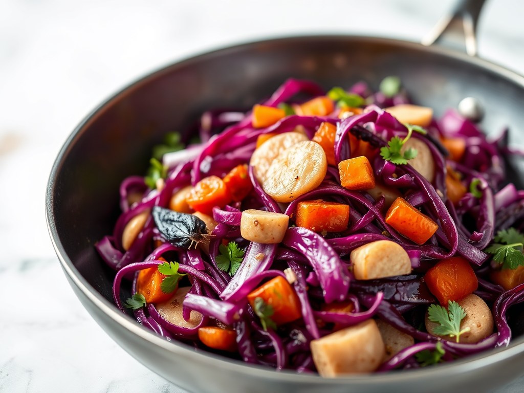 Lauwwarme rode koolsalade met gerookte eendenborst, AI-gegenereerde illustratie