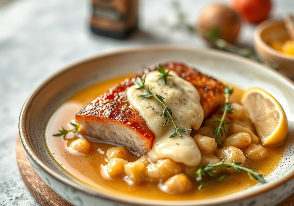 Licht gerookt Ardens varkenshaasje met hazelnootsaus, AI-gegenereerde illustratie