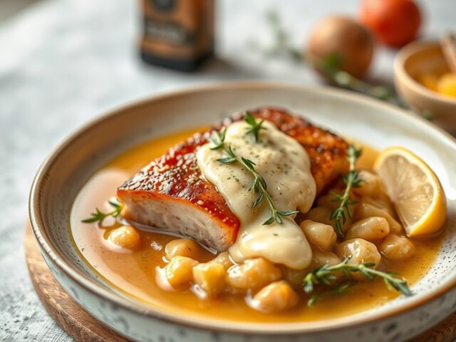 Licht gerookt Ardens varkenshaasje met hazelnootsaus — AI-gegenereerde illustratie