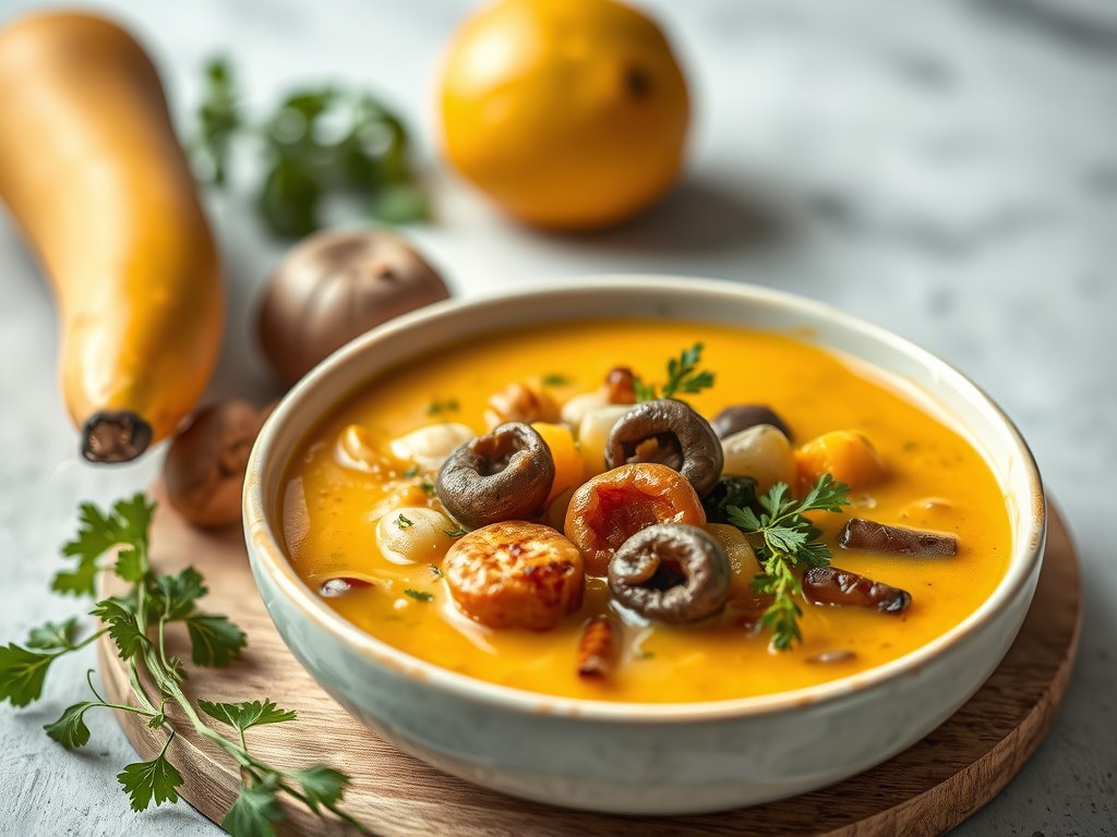 Licht romige oesterzwammen soep met zoete aardappel en diverse groente., AI-gegenereerde illustratie