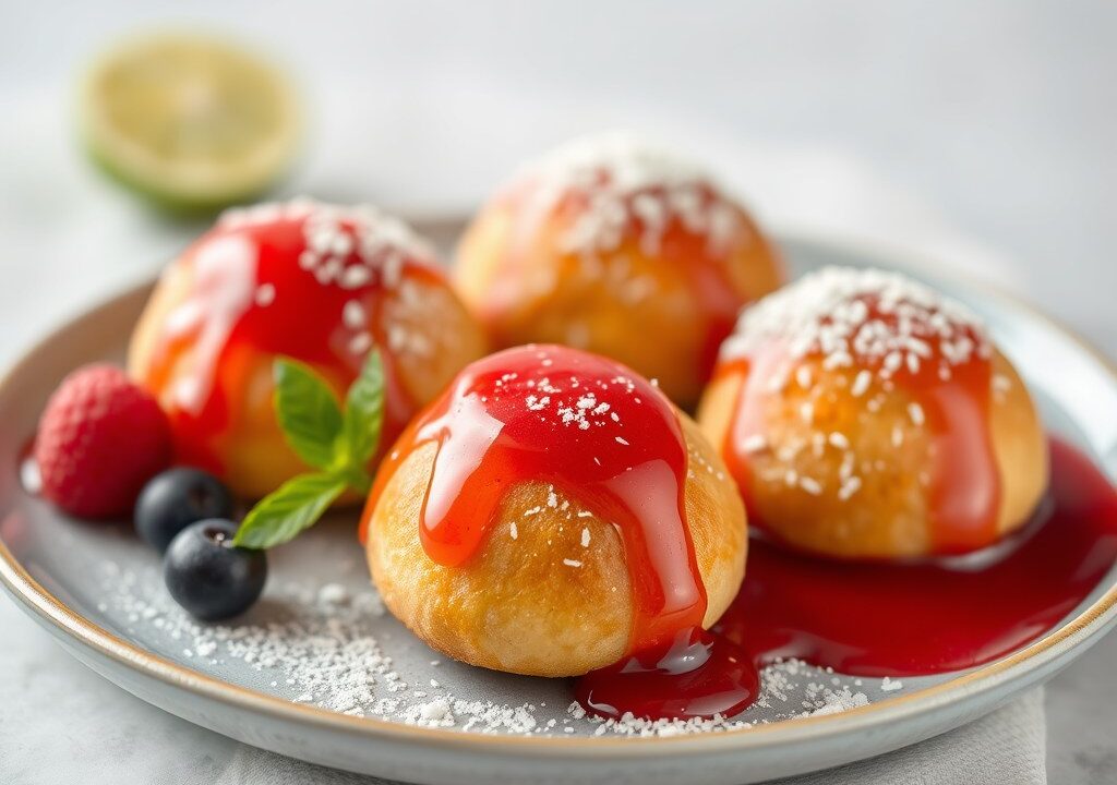 Limoen-en ricottabeignets met fruitpuree — AI-gegenereerde illustratie