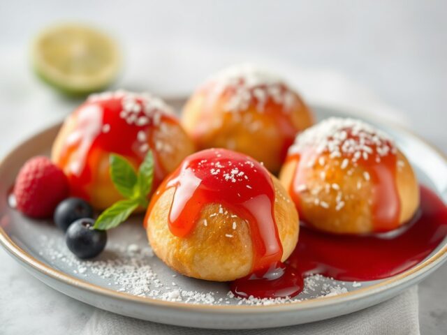 Limoen-en ricottabeignets met fruitpuree — AI-gegenereerde illustratie
