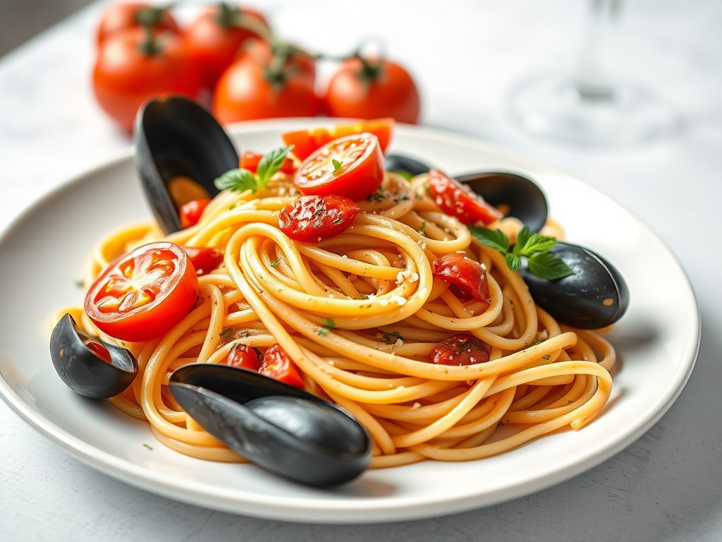 Linguine met mosselen, AI-gegenereerde illustratie