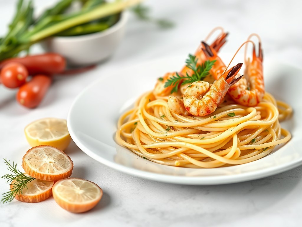 Linguine met scampi’s en venkel, AI-gegenereerde illustratie