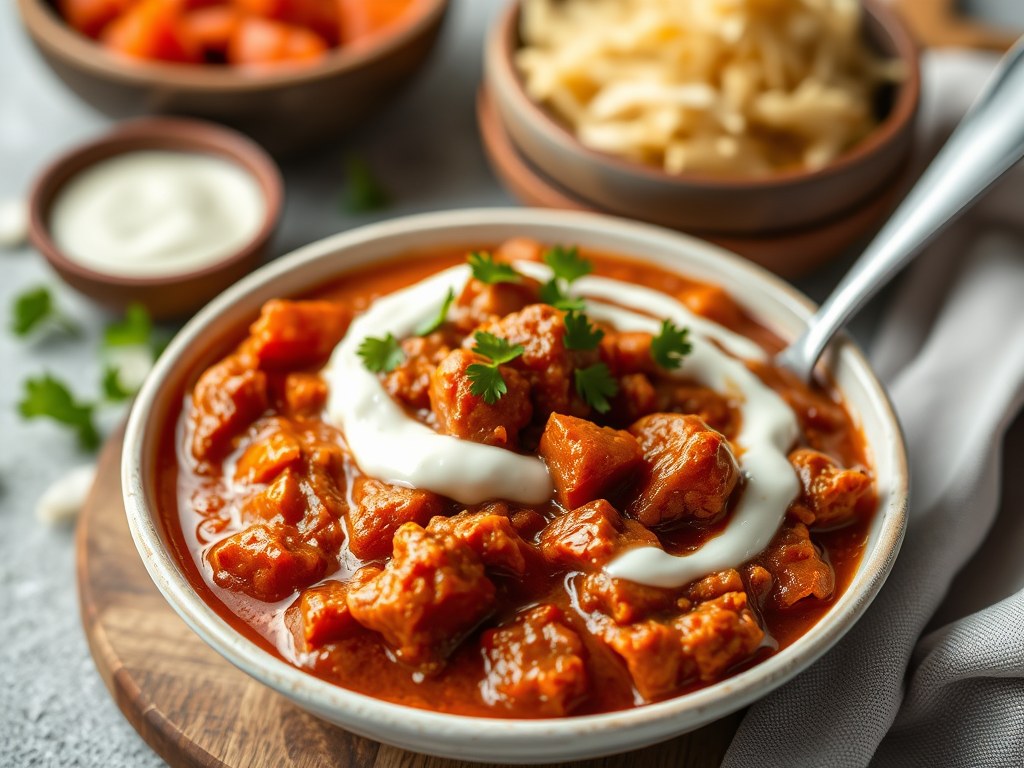 Linzen (rode) stoofpot met yoghurt saus, AI-gegenereerde illustratie