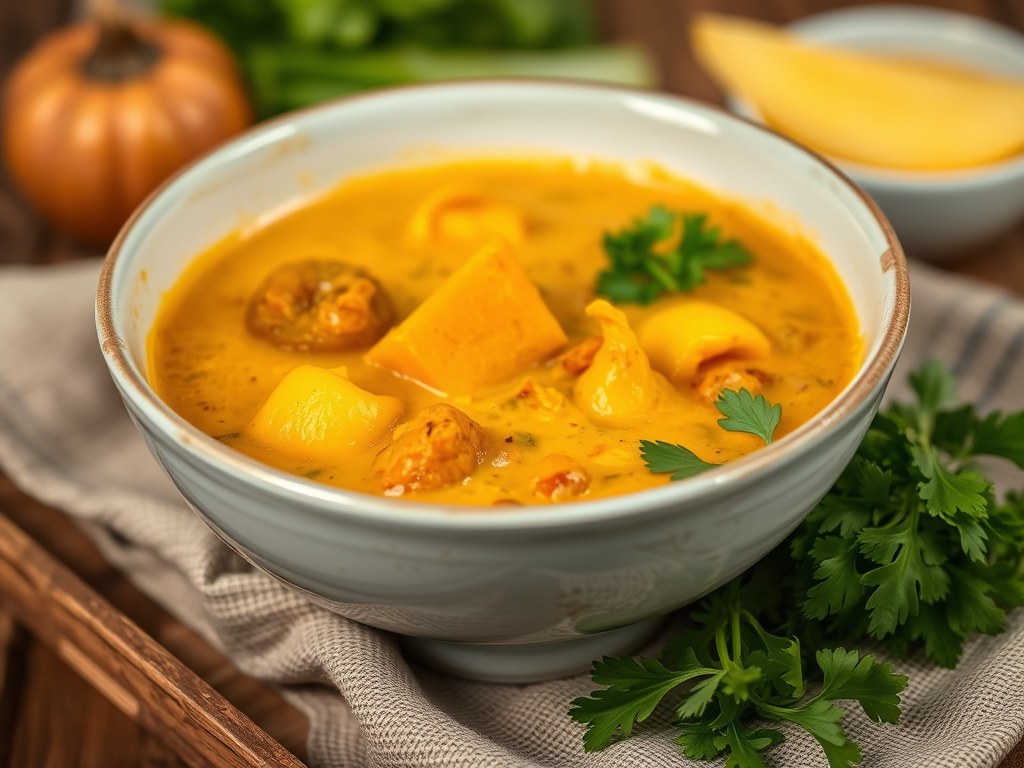 Linzensoep met Pompoen Curry, AI-gegenereerde illustratie