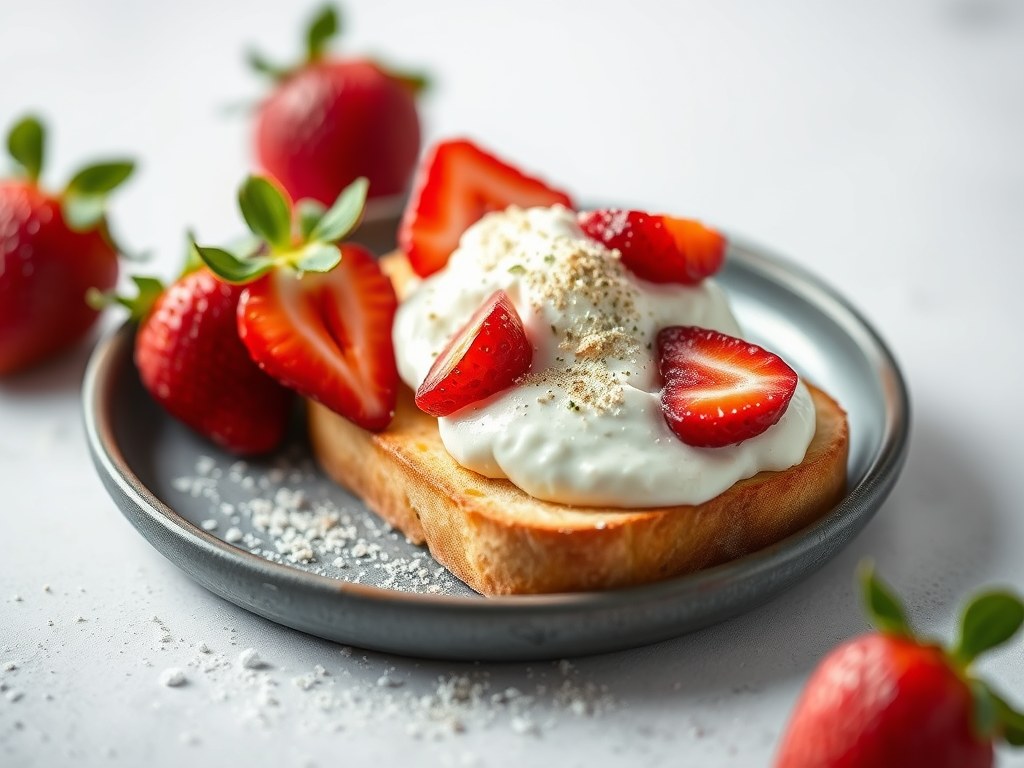 Maïsbrood met limoenricotta en aardbeien, AI-gegenereerde illustratie