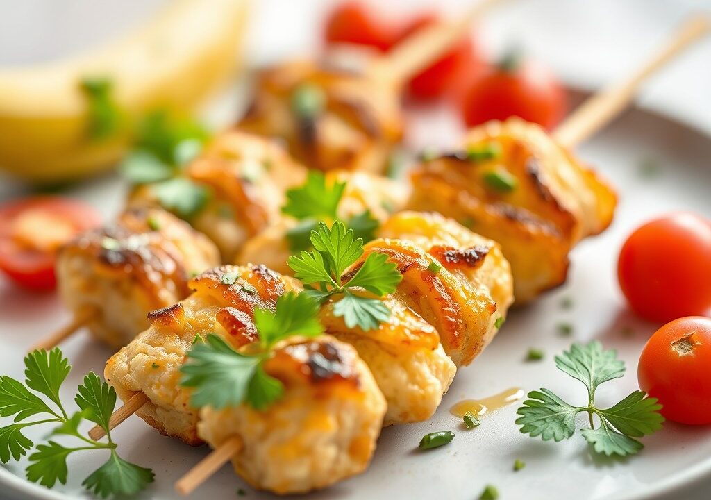Maïstortilla, kippenbrochette met ananas, rauwkost — AI-gegenereerde illustratie