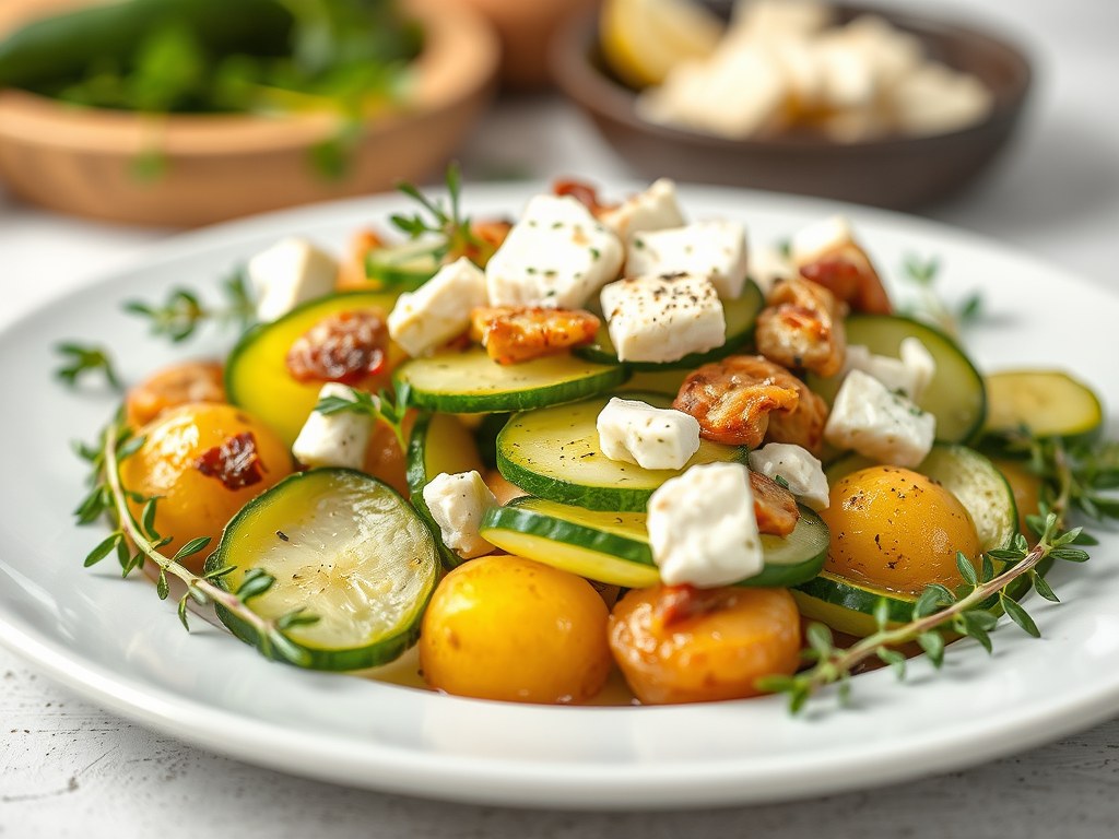 Maaltijdsalade: aardappel-komkommer-gerookte forel, AI-gegenereerde illustratie