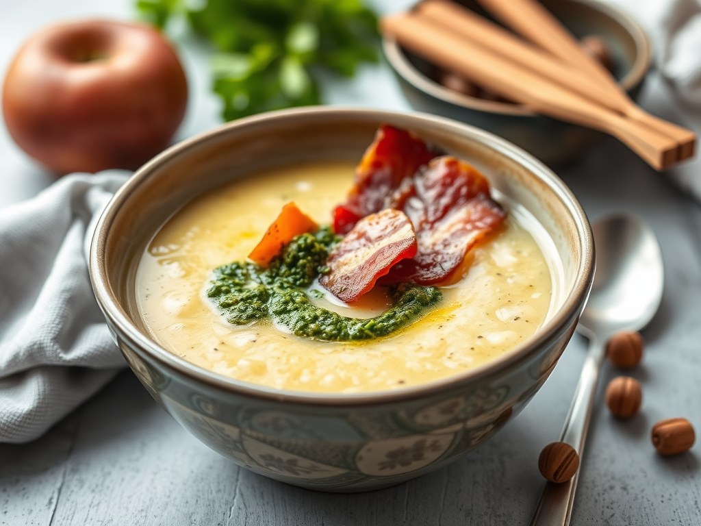Maaltijdsoep met spekreepjes en pesto, AI-gegenereerde illustratie