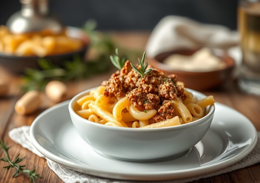 Macaroni ’tre formaggi’ met savooi en gehakt, AI-gegenereerde illustratie