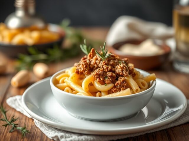 Macaroni ’tre formaggi’ met savooi en gehakt — AI-gegenereerde illustratie