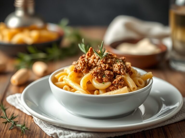 Macaroni ’tre formaggi’ met savooi en gehakt — AI-gegenereerde illustratie