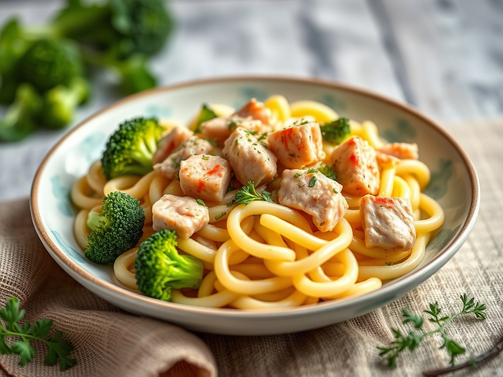 Macaroni alla Pugliese met tonijn en broccoli, AI-gegenereerde illustratie