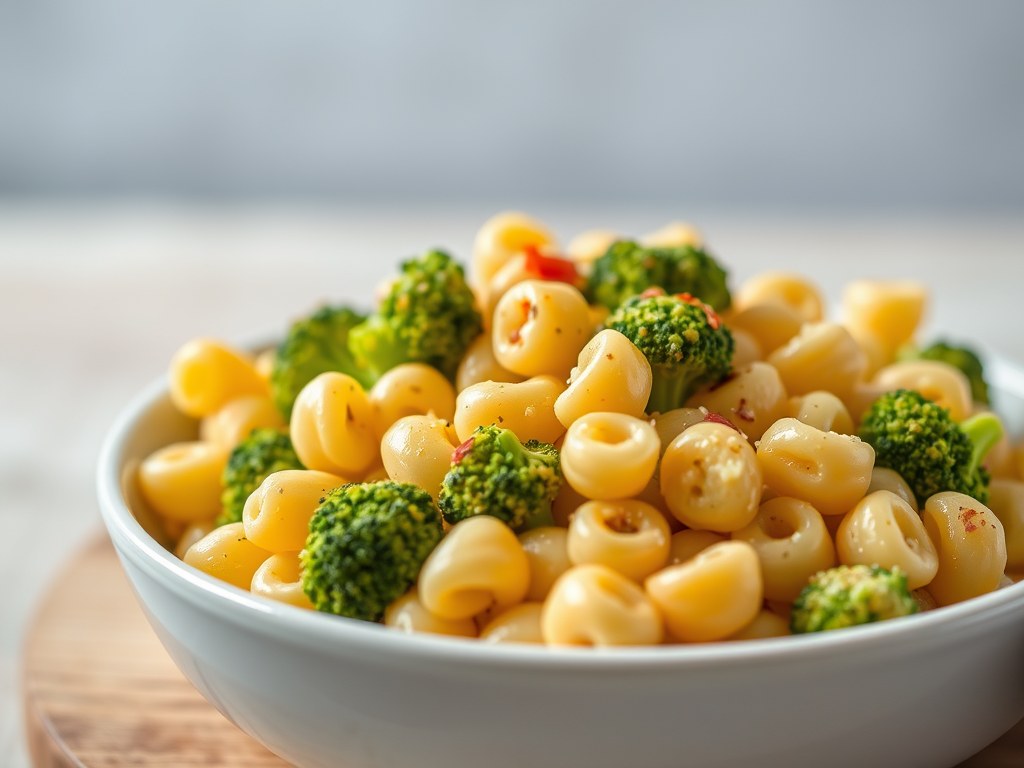Macaroni and cheese met broccoli, AI-gegenereerde illustratie