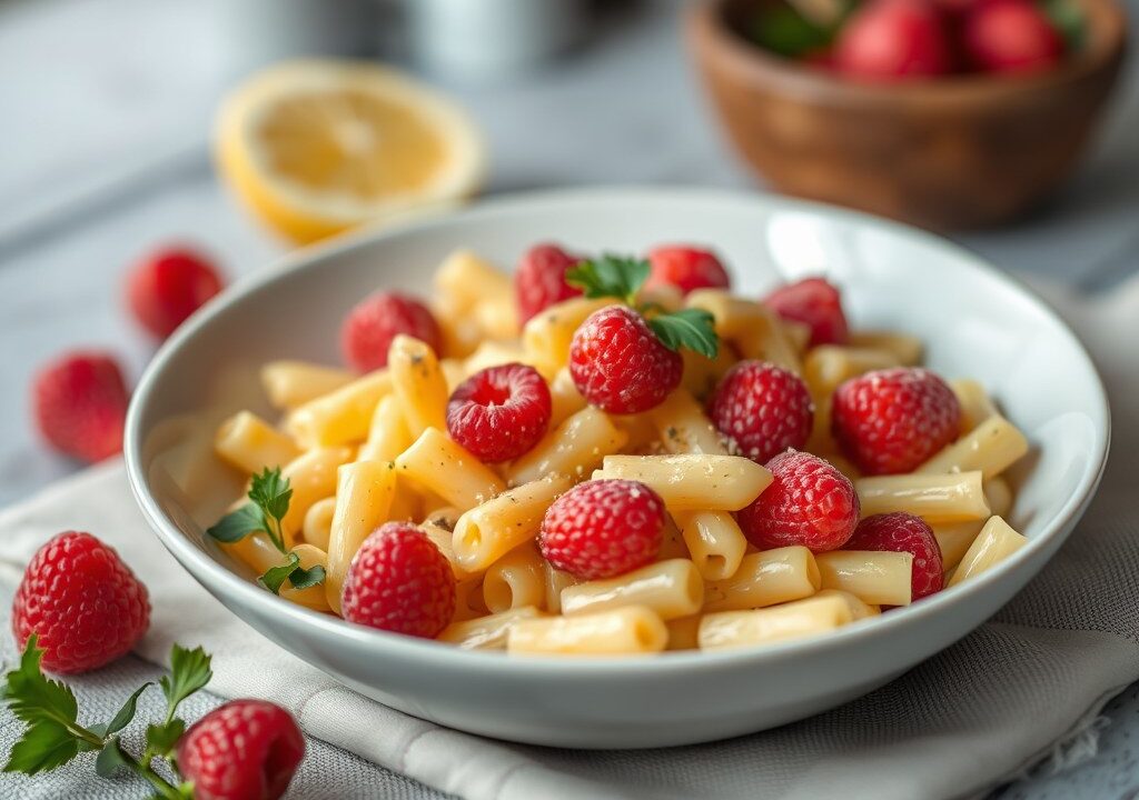 Macaroni met rozijnen en pruimen — AI-gegenereerde illustratie