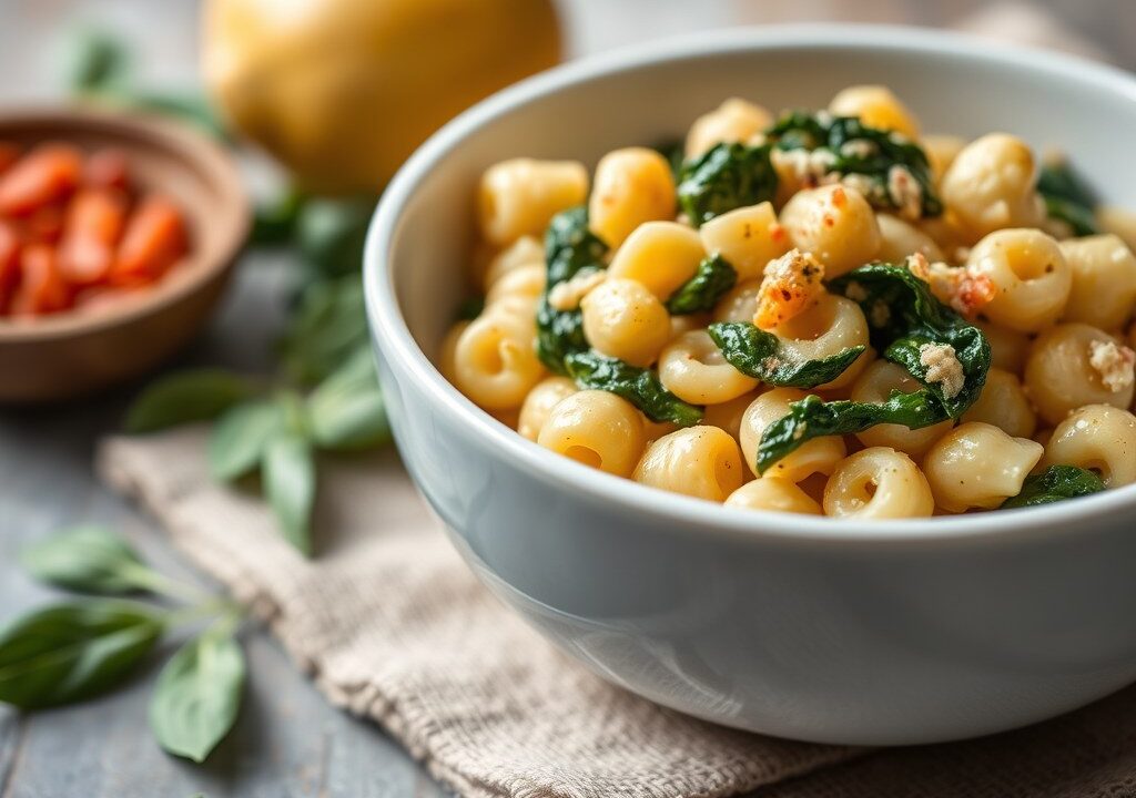 Macaroni met spinazie en kees, AI-gegenereerde illustratie