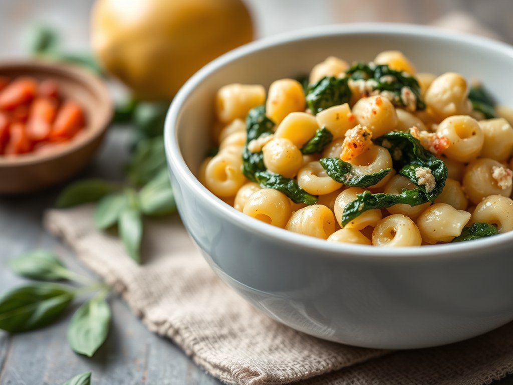 Macaroni met spinazie en kees, AI-gegenereerde illustratie