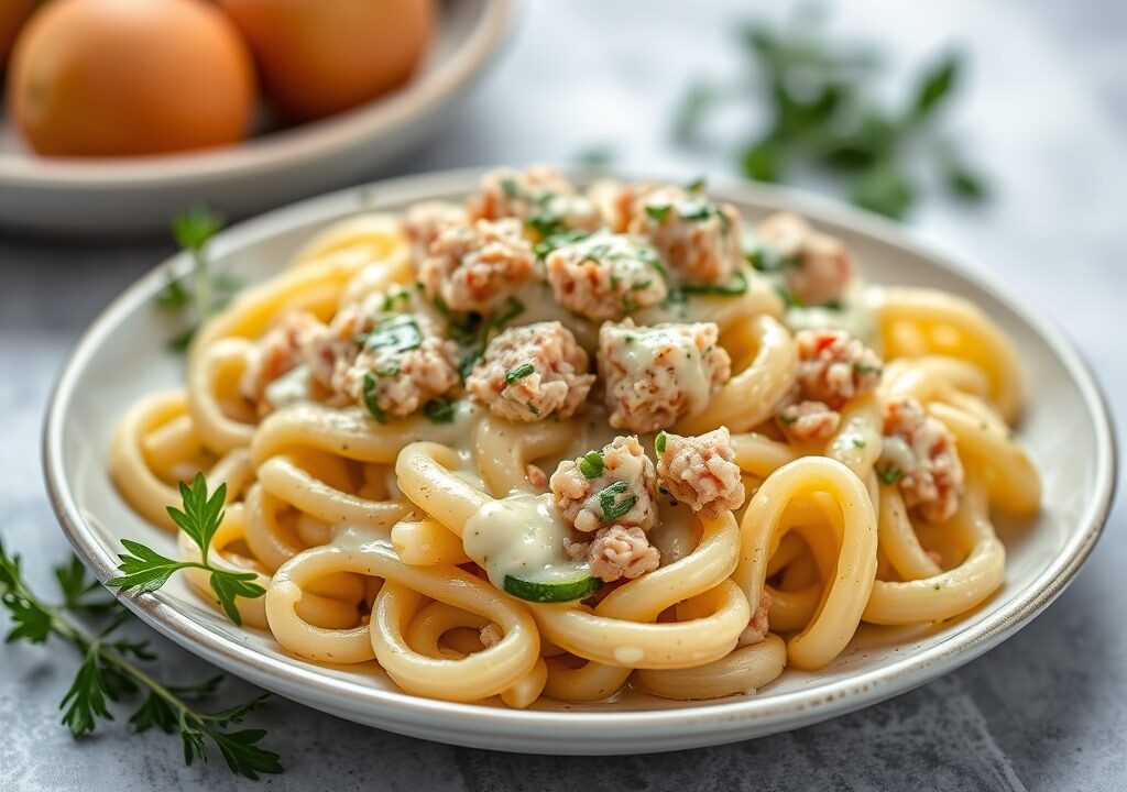 Macaroni met tonijn, courgette en kaassaus, AI-gegenereerde illustratie