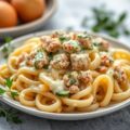 Macaroni met tonijn, courgette en kaassaus