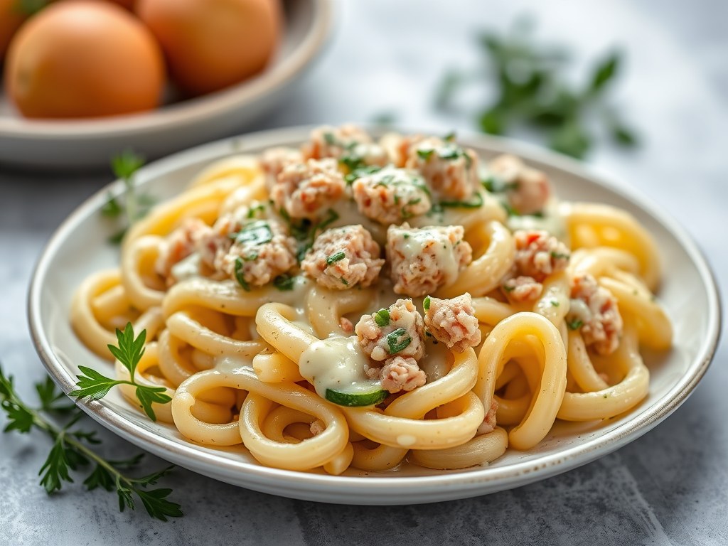 Macaroni met tonijn, courgette en kaassaus, AI-gegenereerde illustratie